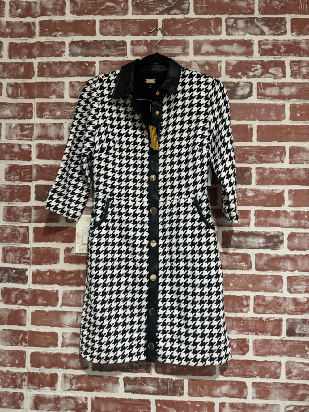 NWT Alexia Admor Houndstooth Shirt Dress Faux Leather Trim Gold Buttons Size 4
